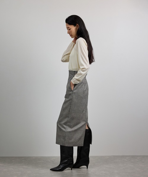 美人スカート]ウールレーヨンポケット付きタイトスカート(ヘリンボーン