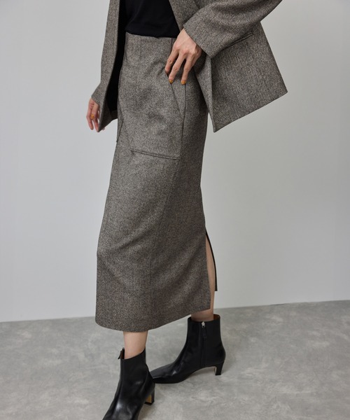美人スカート]ウールレーヨンポケット付きタイトスカート(ヘリンボーン