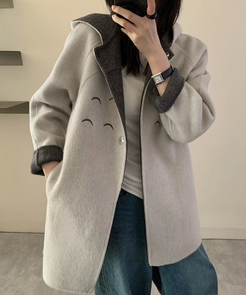 LOWO(ロワ)の「まるみフォルムが可愛い しっぽ付きウールコート(モッズコート・レディース・ベージュ・FREE)」の2枚目の写真