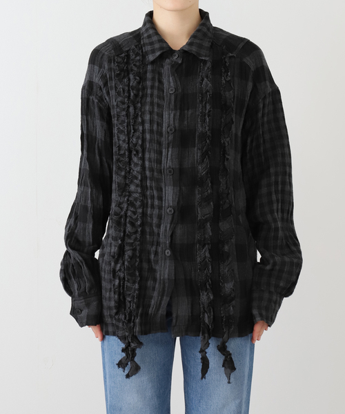 OPEN Yy(オープンワイワイ)の「【Geek Office / ギークオフィス】OPEN YY Woven CRINKLED RUFFLE SHIRT(シャツ/ブラウス・レディース・ブラック・SMALL)」の2枚目の写真