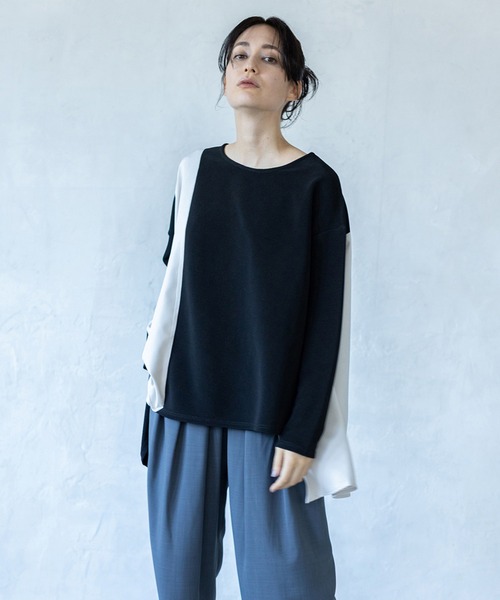 OSMOSIS(オズモーシス)の「アシンメトリー切替プルオーバー(Tシャツ/カットソー・レディース・アイボリー/ライトカーキ/ブラック・ONE SIZE)」の1枚目の写真