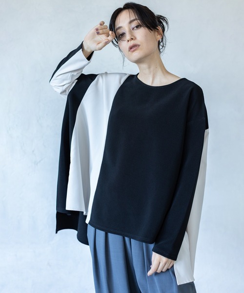 OSMOSIS(オズモーシス)の「アシンメトリー切替プルオーバー(Tシャツ/カットソー・レディース・アイボリー/ライトカーキ/ブラック・ONE SIZE)」の6枚目の写真