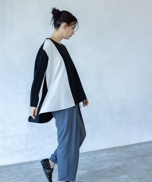 OSMOSIS(オズモーシス)の「アシンメトリー切替プルオーバー(Tシャツ/カットソー・レディース・アイボリー/ライトカーキ/ブラック・ONE SIZE)」の7枚目の写真