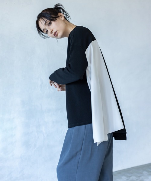 OSMOSIS(オズモーシス)の「アシンメトリー切替プルオーバー(Tシャツ/カットソー・レディース・アイボリー/ライトカーキ/ブラック・ONE SIZE)」の8枚目の写真