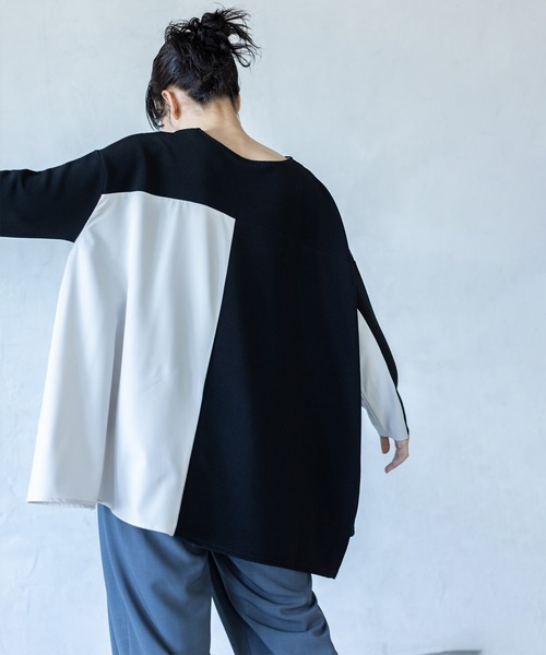 OSMOSIS(オズモーシス)の「アシンメトリー切替プルオーバー(Tシャツ/カットソー・レディース・アイボリー/ライトカーキ/ブラック・ONE SIZE)」の9枚目の写真