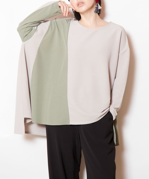 OSMOSIS(オズモーシス)の「アシンメトリー切替プルオーバー(Tシャツ/カットソー・レディース・アイボリー/ライトカーキ/ブラック・ONE SIZE)」の11枚目の写真