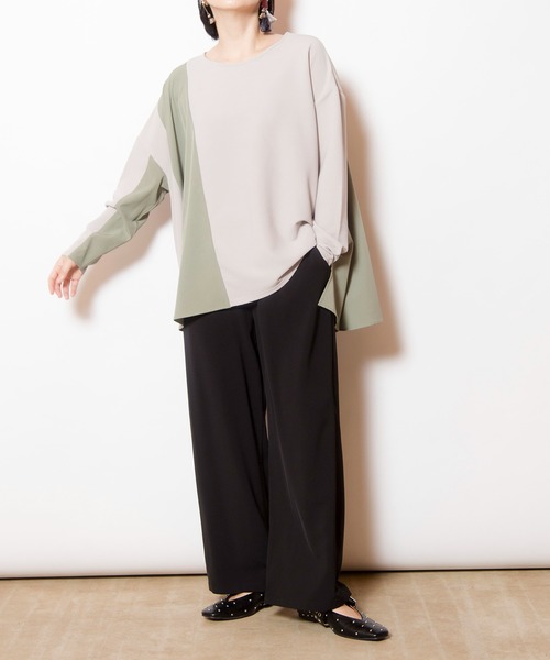 OSMOSIS(オズモーシス)の「アシンメトリー切替プルオーバー(Tシャツ/カットソー・レディース・アイボリー/ライトカーキ/ブラック・ONE SIZE)」の18枚目の写真