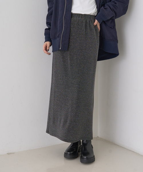 Rouge vif(ルージュヴィフ)の「ラメグリッタージャージナロースカート(スカート・レディース・シルバー/ブラック・38/36)」の1枚目の写真
