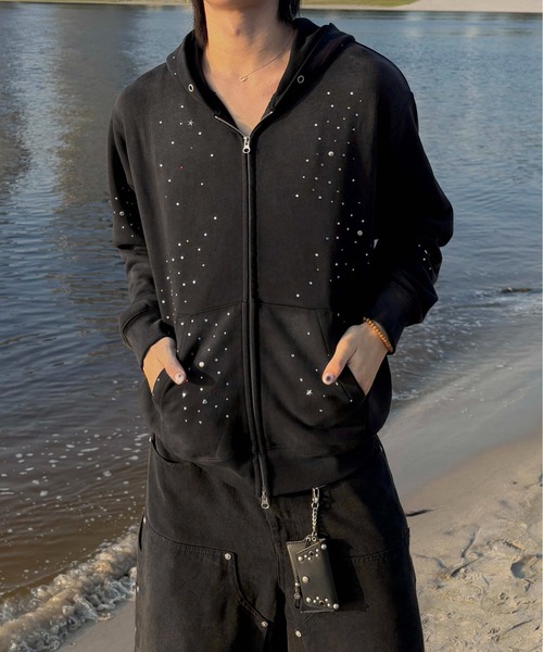 Rhinestone zip hoodie / ラインストーンジップフーディ（パーカー