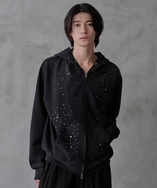 IKUMI / STUDDED ZIP HOODIE/ジップパーカー/FREE/コットン/ブラック/I0167 Rhinestone zip hoodie / ラインストーンジップフーディ（パーカー