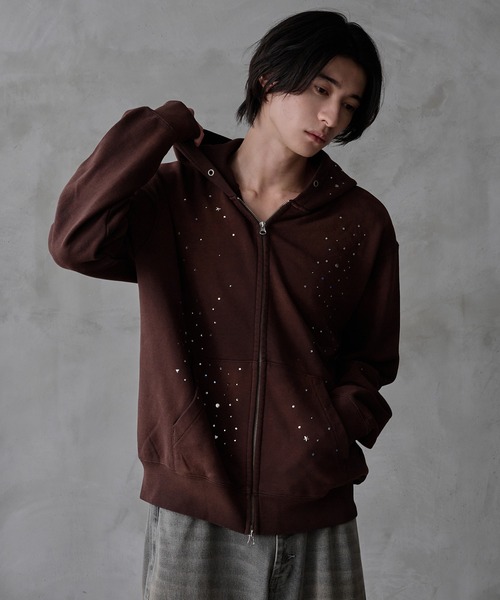 セール】Rhinestone zip hoodie / ラインストーンジップフーディ