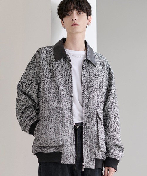 ETELIO（エテリオ）の「ウール混ツイード切り替えダブルジップジャケット（その他アウター・メンズ・グレー/ブラック/ブラウン/ブラック系・S/M/L/XL）」の3枚目の写真