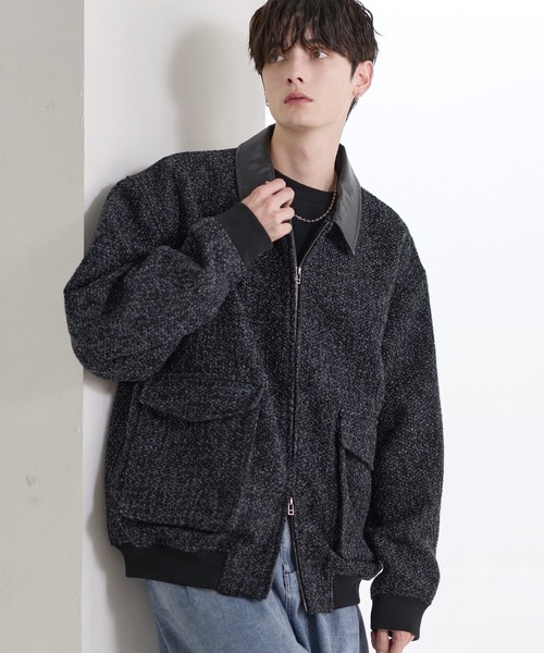 Nハリウッド 袖レザー 切り替え ウール混 ツイード ジャケット size 38 Nハリウッド 袖レザー 切り替え ウール混 ツイード ジャケット size 38