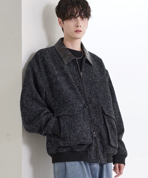 ETELIO（エテリオ）の「ウール混ツイード切り替えダブルジップジャケット（その他アウター・メンズ・グレー/ブラック/ブラウン/ブラック系・S/M/L/XL）」の6枚目の写真