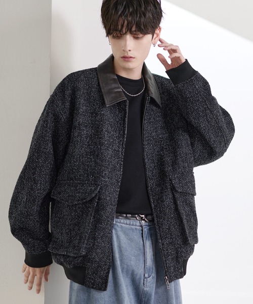 ETELIO（エテリオ）の「ウール混ツイード切り替えダブルジップジャケット（その他アウター・メンズ・グレー/ブラック/ブラウン/ブラック系・S/M/L/XL）」の10枚目の写真