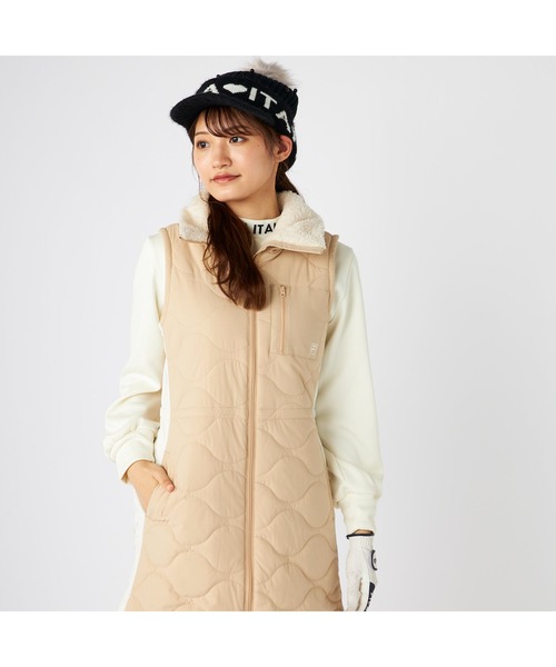 FILA GOLF(フィラゴルフ )の「FILA GOLF フィラゴルフ ゴルフウェア ワンポイント ロゴ ストレッチ 撥水 保温 中綿入り ボンディング ボア付き ワンピース(ワンピース・レディース・ベージュ/ブラック/オフホワイト・M/L/LL)」の14枚目の写真