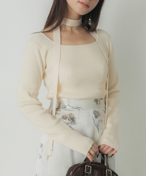 Elishe（エリシェ）の「タイ付き2WAYリブニットトップ（ニット/セーター・レディース・ブラック/アイボリー/レッド・FREE）」の14枚目の写真