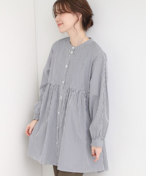 セール】【S-LL】自然に体型カバー 切り替えギャザーチュニックシャツ