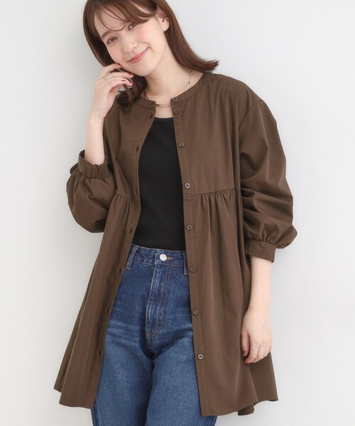 セール】【S-LL】自然に体型カバー 切り替えギャザーチュニックシャツ