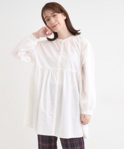 セール】【S-LL】自然に体型カバー 切り替えギャザーチュニックシャツ