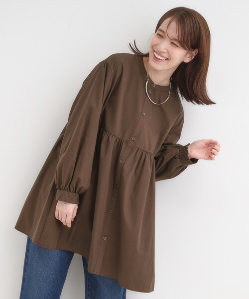 極美品 フィーニー ギャザー ストライプ バンドカラー チュニック シャツ 茶色 セール】【S-LL】自然に体型カバー 切り替えギャザーチュニックシャツ