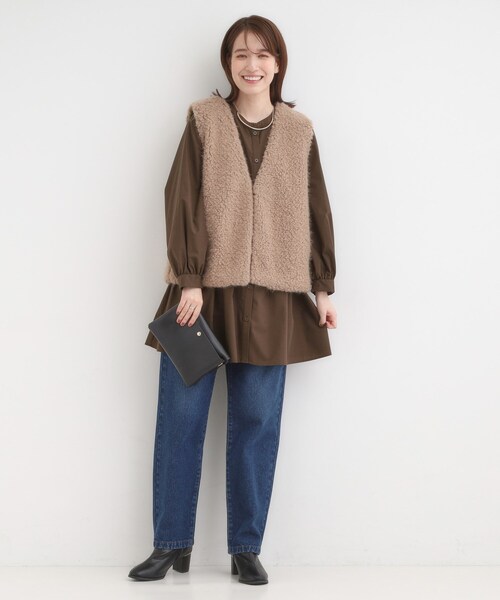 DRESKIP(ドレスキップ)の「【S-LL】自然に体型カバー 切り替えギャザーチュニックシャツ(チュニック・レディース・ダークブラウン/ネイビー系2/オフホワイト・04/03/02/01)」の14枚目の写真