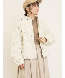 Samansa Mos2 | 小花総刺繍中綿ジャケット(ノーカラージャケット)