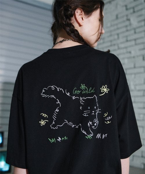 セール】ワイルドキャット刺繍半袖Tシャツブラック（Tシャツ 