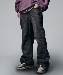 Curved Dirty Wash Bootscut Denim Pants - Black