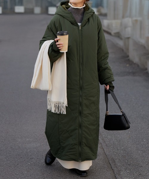 リバーシブル 撥水 × 中綿 × エコファー ロングアウター（ノーカラー