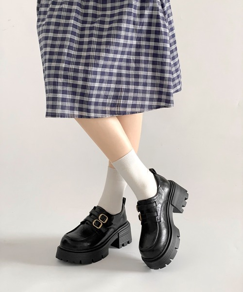 セール】厚底 ダブルベルト ヒール ローファー 471（ローファー