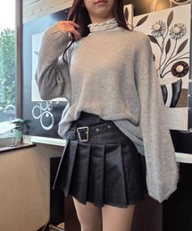バックシフォンリボン透かし編みニットプルオーバー