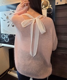 バックシフォンリボン透かし編みニットプルオーバー