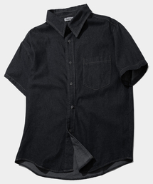 PLACESTUDIOMAN（プレイススタジオメンズ）の「ワンポケットウォッシュドワークデニムオーバーサイズ半袖コットンカラーシャツ[黒青]（シャツ/ブラウス）」