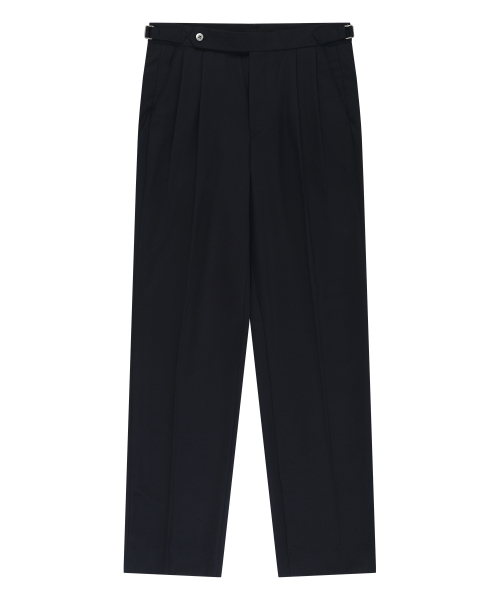 BELLIEF(ベリーフ)の「Wool Gabardine adjust Double-Pleated relaxed Trouser (Dark Navy)(スラックス・メンズ・その他・MEDIUM/LARGE/X-LARGE)」の1枚目の写真