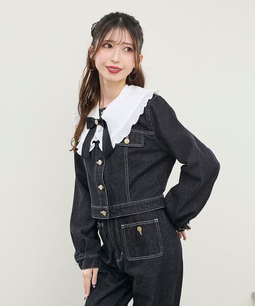 MAJESTIC LEGON(マジェスティックレゴン)の「フリルカラー&ブローチセットGジャン(デニムジャケット・レディース・ブラック/サックスブルー・MEDIUM/SMALL)」の18枚目の写真