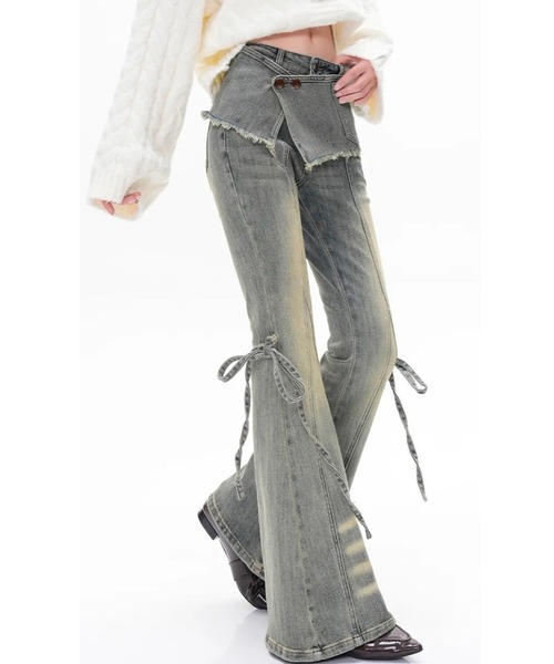 inst.ALL(インストール)の「サイドリボンラップ付きデニムフレアパンツ(デニムパンツ・レディース・ブルー・S/M/L)」の1枚目の写真