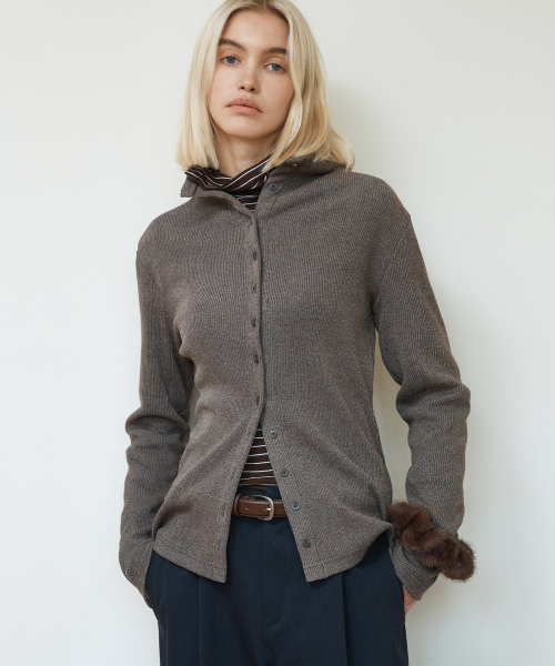 Half-neck rib button cardigan / mixed brown