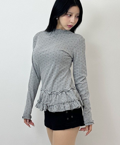 FOLLOWIN(フォロウィン)の「2color/ドット柄 ウエストフリル ロングスリーブトップス(Tシャツ/カットソー・レディース・グレー/ベージュ・FREE)」の9枚目の写真