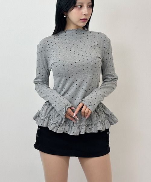 FOLLOWIN(フォロウィン)の「2color/ドット柄 ウエストフリル ロングスリーブトップス(Tシャツ/カットソー・レディース・グレー/ベージュ・FREE)」の5枚目の写真