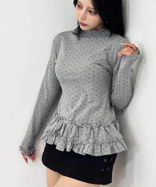 FOLLOWIN(フォロウィン)の「2color/ドット柄 ウエストフリル ロングスリーブトップス(Tシャツ/カットソー・レディース・グレー/ベージュ・FREE)」の10枚目の写真
