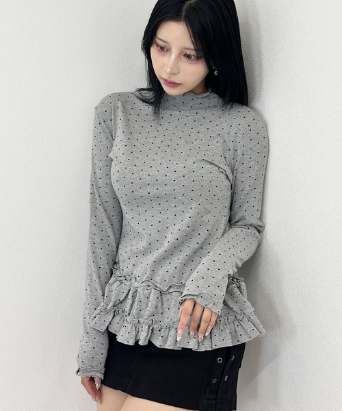 FOLLOWIN(フォロウィン)の「2color/ドット柄 ウエストフリル ロングスリーブトップス(Tシャツ/カットソー・レディース・グレー/ベージュ・FREE)」の14枚目の写真