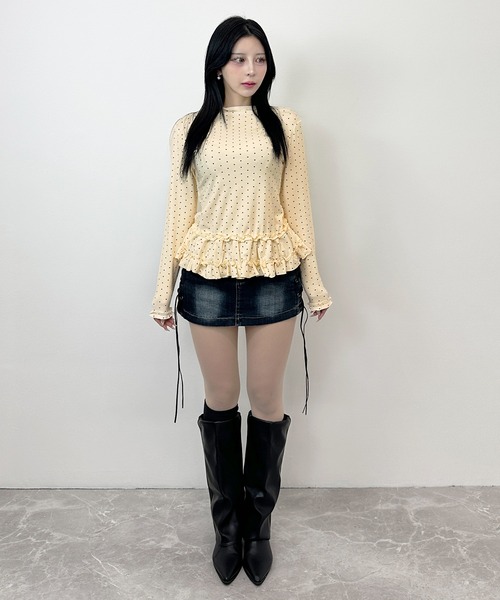 FOLLOWIN(フォロウィン)の「2color/ドット柄 ウエストフリル ロングスリーブトップス(Tシャツ/カットソー・レディース・グレー/ベージュ・FREE)」の15枚目の写真