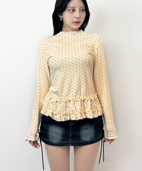 FOLLOWIN(フォロウィン)の「2color/ドット柄 ウエストフリル ロングスリーブトップス(Tシャツ/カットソー・レディース・グレー/ベージュ・FREE)」の19枚目の写真