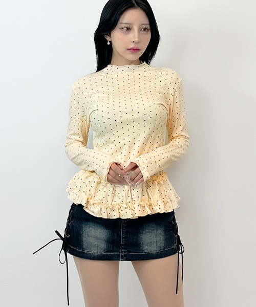 FOLLOWIN(フォロウィン)の「2color/ドット柄 ウエストフリル ロングスリーブトップス(Tシャツ/カットソー・レディース・グレー/ベージュ・FREE)」の21枚目の写真