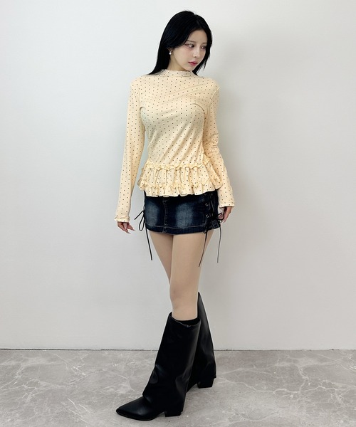 FOLLOWIN(フォロウィン)の「2color/ドット柄 ウエストフリル ロングスリーブトップス(Tシャツ/カットソー・レディース・グレー/ベージュ・FREE)」の17枚目の写真