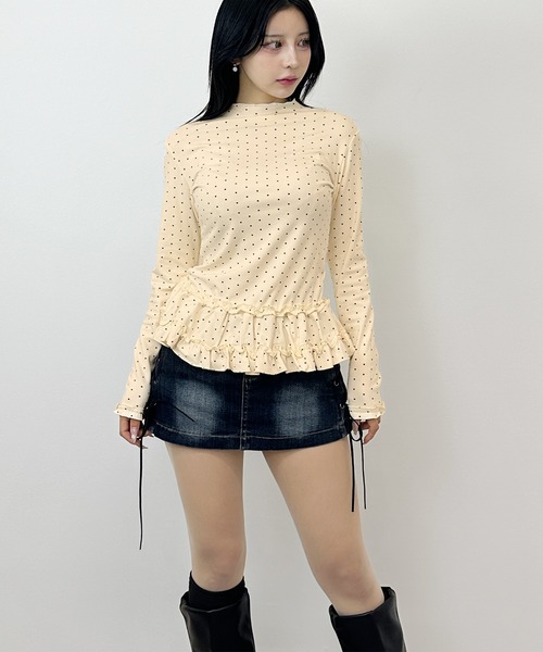 FOLLOWIN(フォロウィン)の「2color/ドット柄 ウエストフリル ロングスリーブトップス(Tシャツ/カットソー・レディース・グレー/ベージュ・FREE)」の22枚目の写真