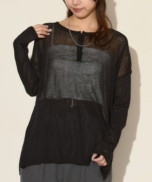 H.TOKYO(エイチトウキョウ)の「シアーヘンリーネック プルオーバー / サイドスリット シアーカットソー(Tシャツ/カットソー・レディース・ブラック/ホワイト・FREE)」の1枚目の写真