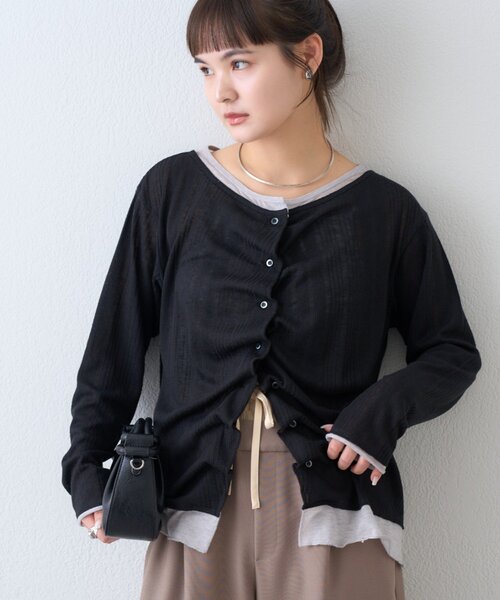 CIAOPANIC TYPY（チャオパニックティピー）の「【冷房・日焼け対策にも◎】フロントタックレイヤードライクメランジリブシアーカーディガン（カーディガン/ボレロ・レディース・ブラック/ベージュ/グレー/イエロー・ONE SIZE）」の5枚目の写真