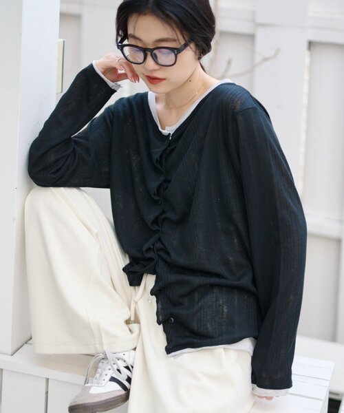 CIAOPANIC TYPY（チャオパニックティピー）の「【冷房・日焼け対策にも◎】フロントタックレイヤードライクメランジリブシアーカーディガン（カーディガン/ボレロ・レディース・ブラック/ベージュ/グレー/イエロー・ONE SIZE）」の9枚目の写真